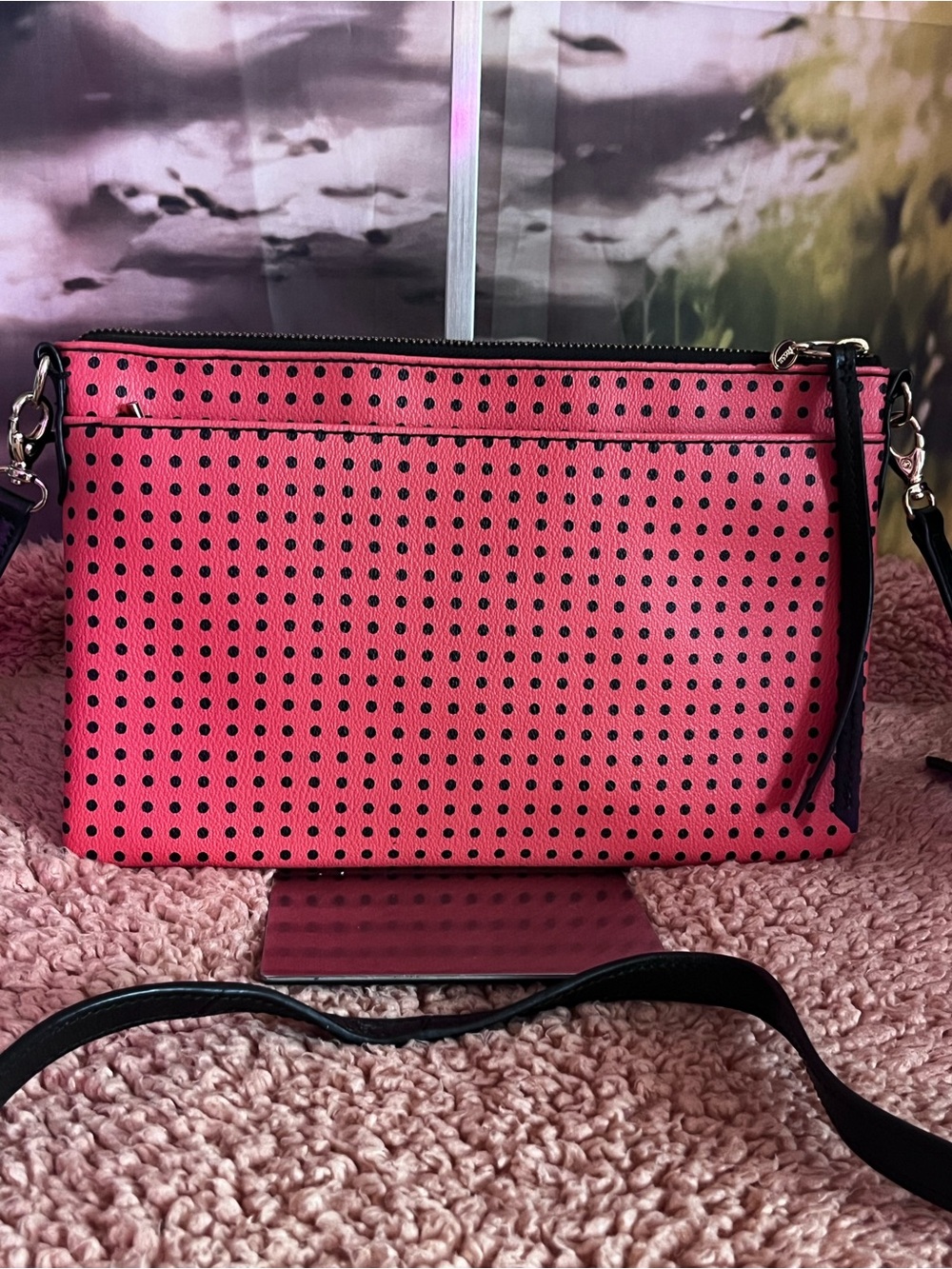 Fossil Sydney, coral and black polkadot clutch or Crossbody